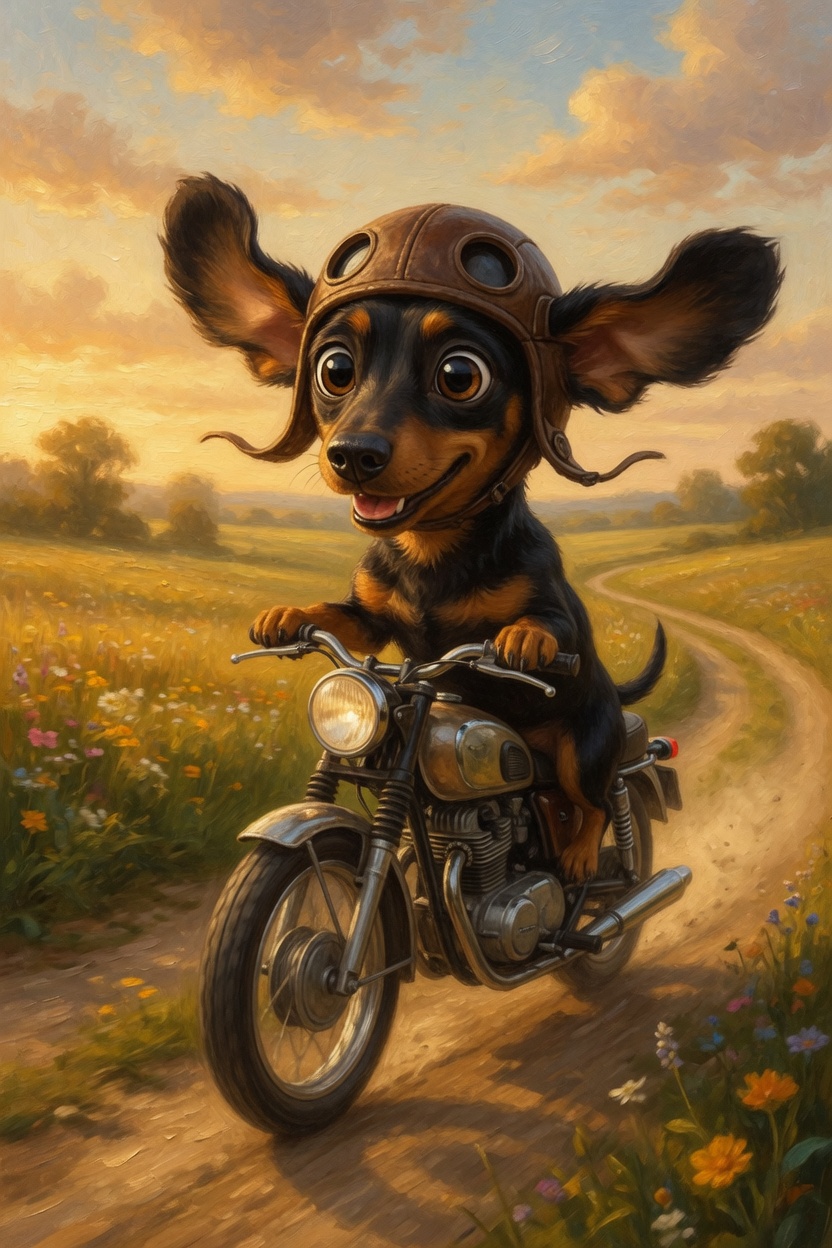Hommie jedzie motocyklem w kasku, uszy fruwają